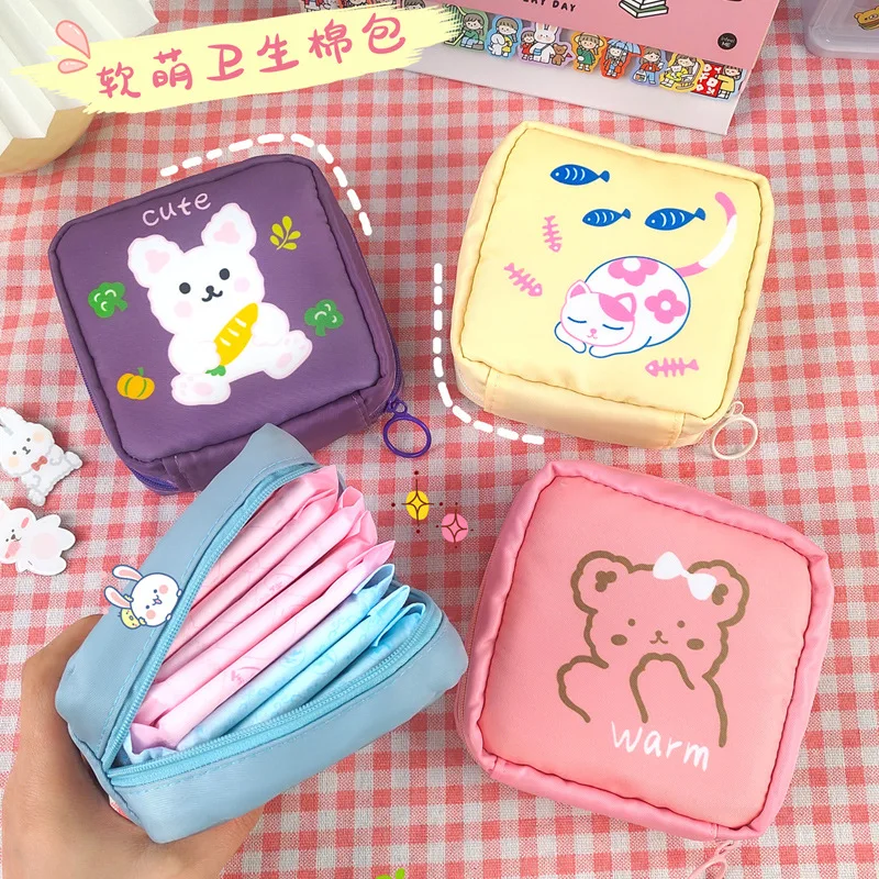 Cute Mini Cosmetic Bag Cartoon Sanitary Napkin Bag Women Coin Purse Ladies Cartoon Animal Makeup Bag Girls Hygiene Pad Bag