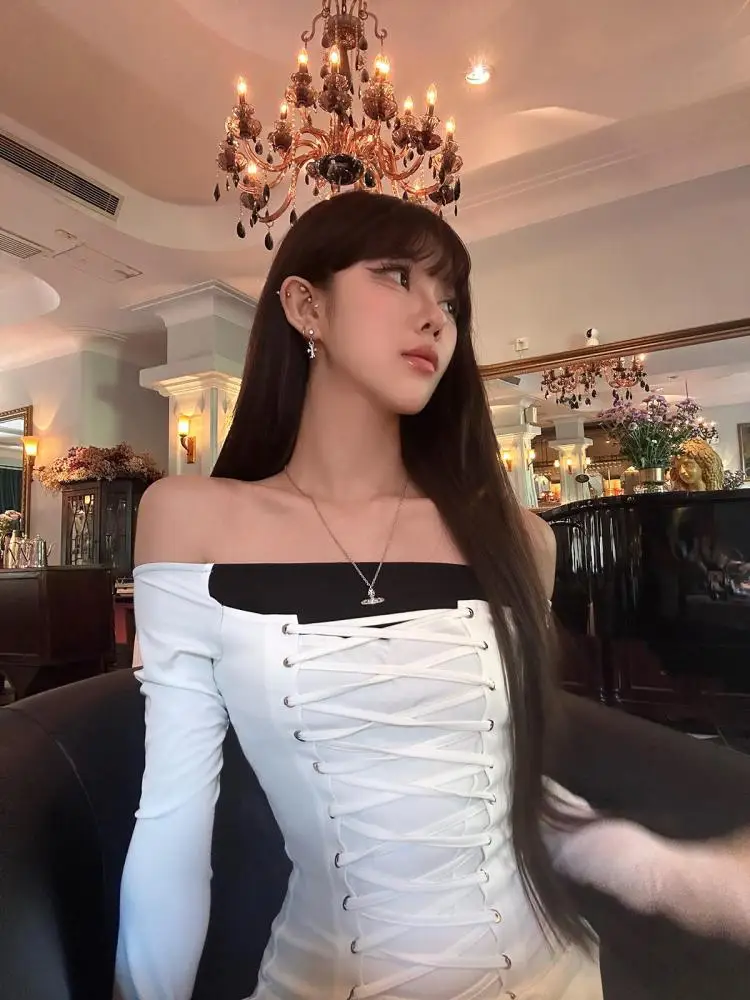 Seeslim Hotsweet الدانتيل يصل المرقعة تي شيرت امرأة ملابس طويلة الأكمام الخريف بلايز الشارع الشهير 2000s الملابس Y2k الشباب تيز شيك
