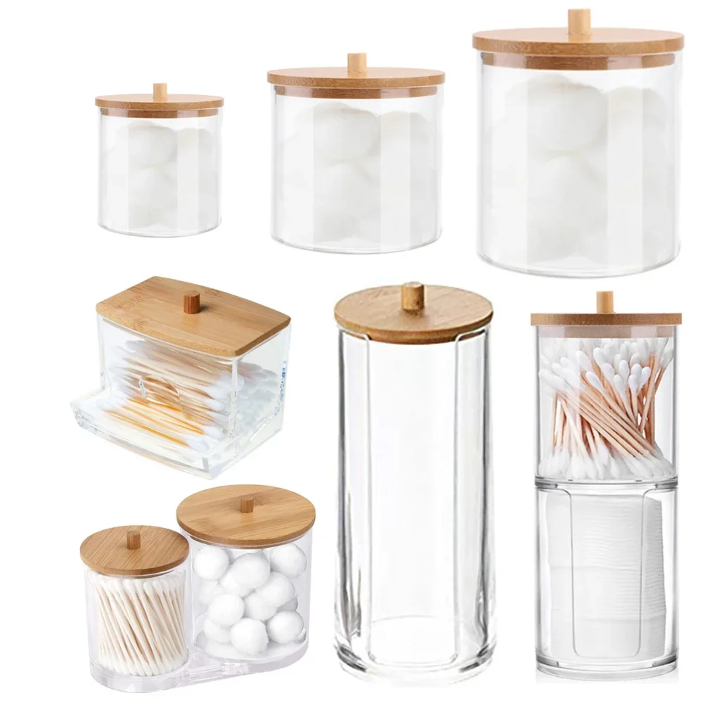 Cotton Swab Organizer Storage Bamboo Cover Acrylic Round Organizer Makeup Storage Box Container Organizadores צמר גפן אחסון