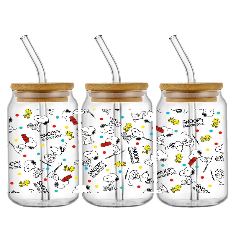 Cute Cartoon Snoopy UV DTF Transfer Glass Sticker Waterproof Transfers Decals For 16oz Glass Cup Wrap Stickers