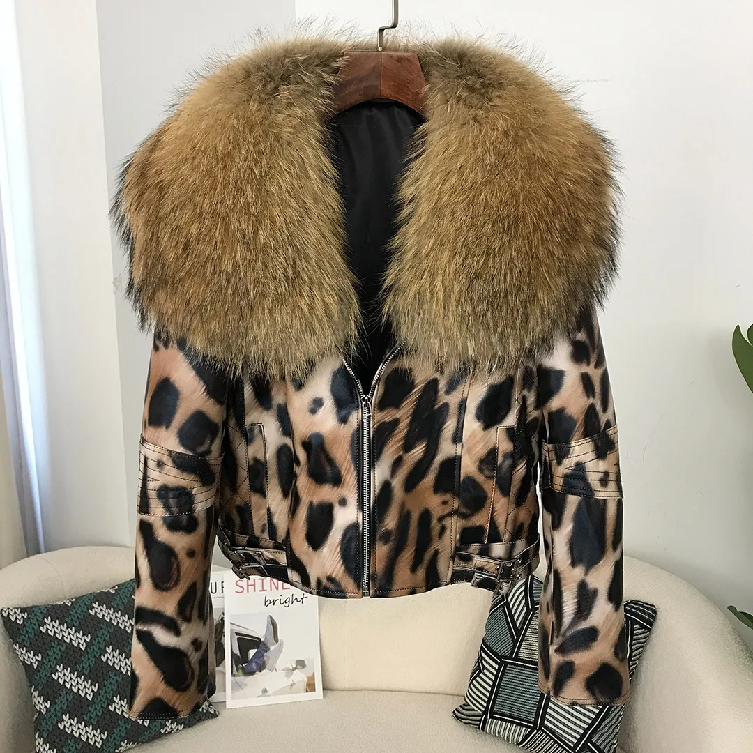 แฟชั่นฤดูหนาวสั้นจริง Raccoon ขนสัตว์ใหญ่ของแท้ Leathert Coat คุณภาพสูง Sheepskin เสือดาวพิมพ์เสื้อแจ็คเก็ตรถจักรยานยนต์