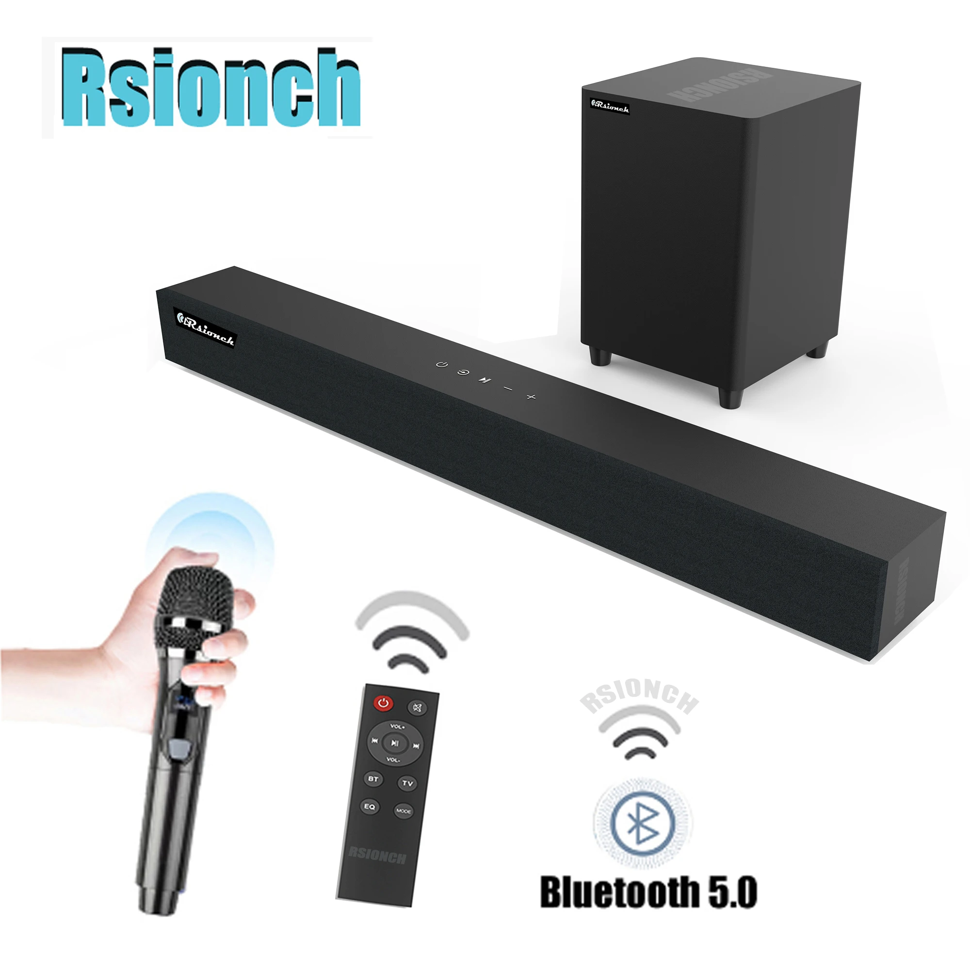 Rsionch Wooden Soundbar Subwoofer Microphone Set Bluetooth Speaker Home Theater TV Sound Bar Speaker Sub-woofer Bass Soundbox