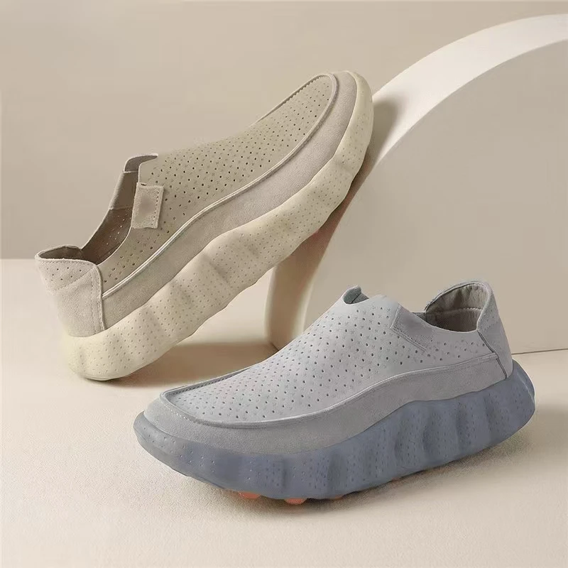 

New Men Hollow Breath Platform Loafers Soft Comfy Slip on Faux Leather Non Slip Shock Absorb Outdoor Daily Walking Footwear