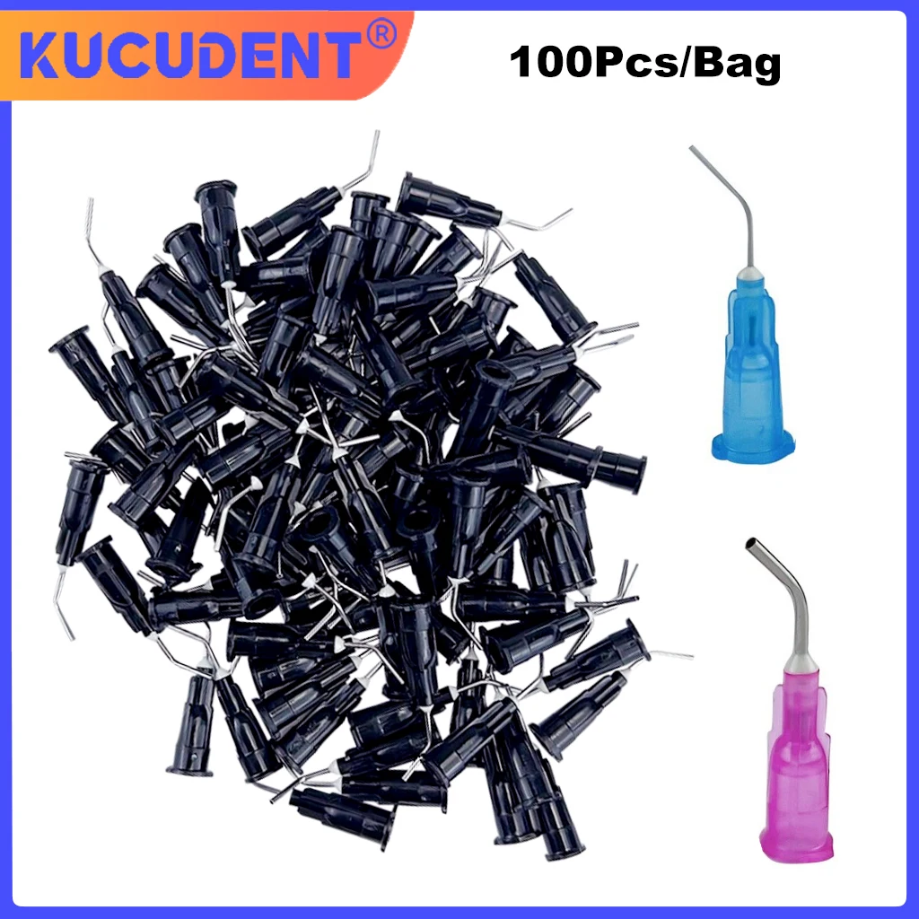 100Pcs/Bag Dental Needle Tips Dentistry Resin Flow Sealant Etchant Acid Reagent Delievery Syringe Bent Needle Tip Tooth Cleaning