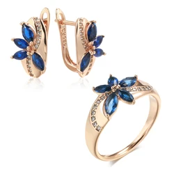 Wbmqda New Blue Natural Zircon Earrings Ring For Women 585 Rose Gold Simple Fashion Creative Design Bride Wedding Jewelry