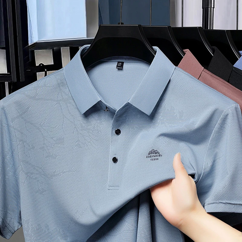 

Летом новый мужской Ледяной шелк рубашка Polo прохладная воздухопроницаемость высококачественная марка буквенный принт деловой рекреационный Перевернутый воротник футболка