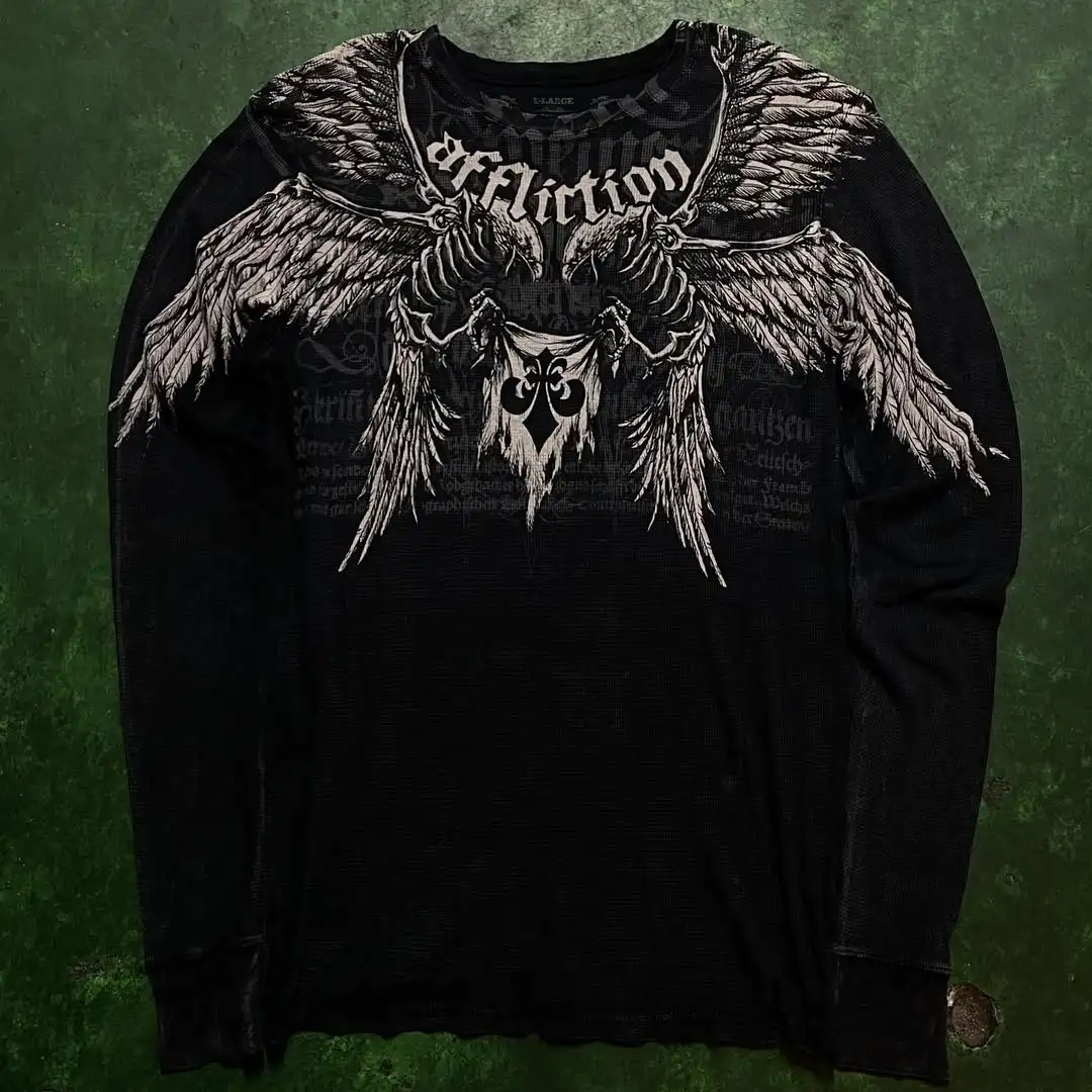 

Affliction Y2K New Retro Wing Printed Long Sleeve Street Hip Hop Harajuku T shirt Men Fashion Goth Casual Pure Cotton Loose Top