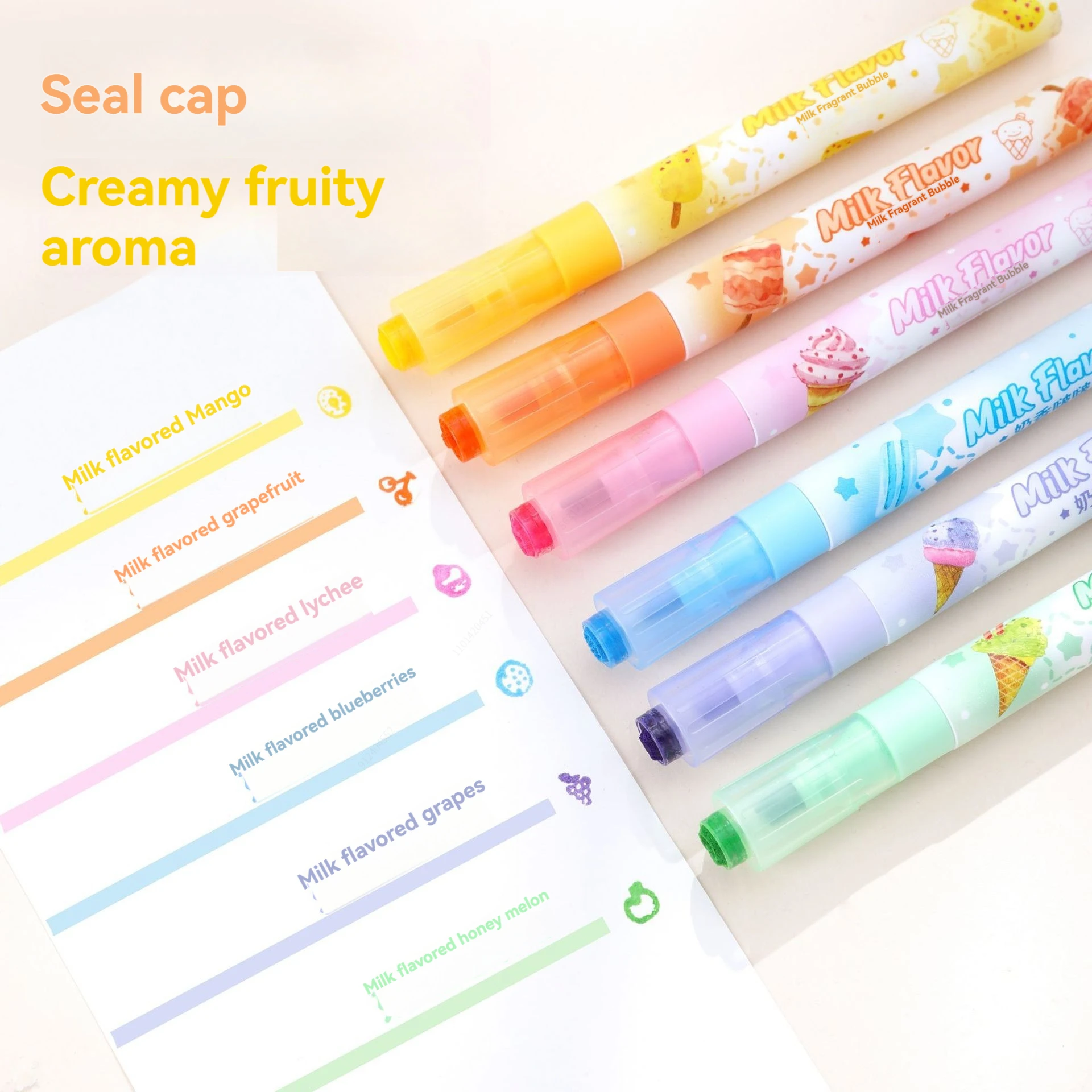 Colors Fun Stamp Seal Highlighter,Chisel Tip Marker Pen,6 Assorted Pastel Colors Fragrance Fluorescent for Kawaii Stationery