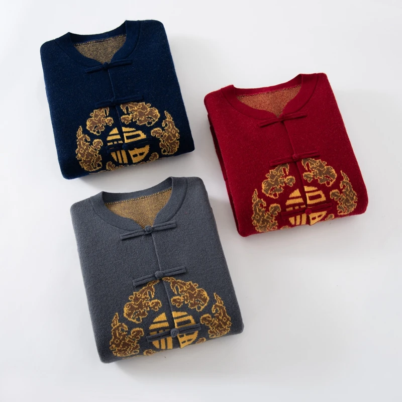 New Chinese Style Buckle 100% Pure Wool Cardigan Men's Thick Knitted Autumn Winter High-End Fashionable Cashmere Sweater Jackets