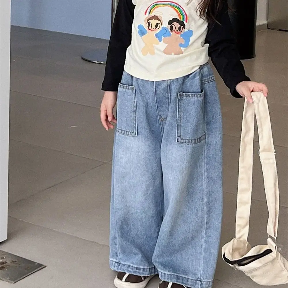 Children Clothing Girls Denim Jeans Children 2025 New Spring and Autumn Denim Wide Leg Pants Girls Loose Pants