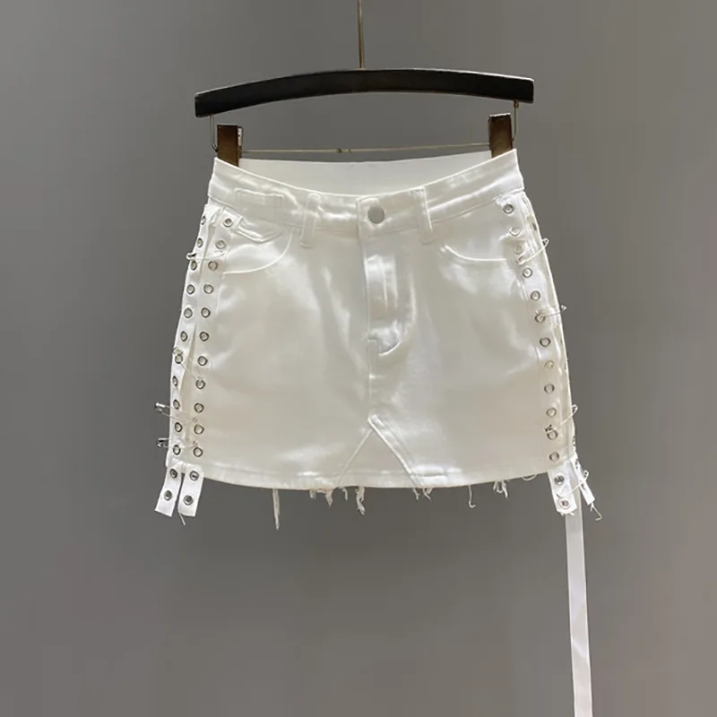 Personalized Fashion Design Pin Streamer Solid High Elastic Y2k Denim Skirt Women 2025 Summer Fringed Edge Lined Mini Skirt