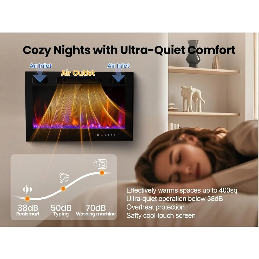 Inserto per camino elettrico a parete da 30 pollici con riscaldatore da incasso Capacità di riscaldamento di 1500 W Funzionamento con telecomando Slim Black Fr