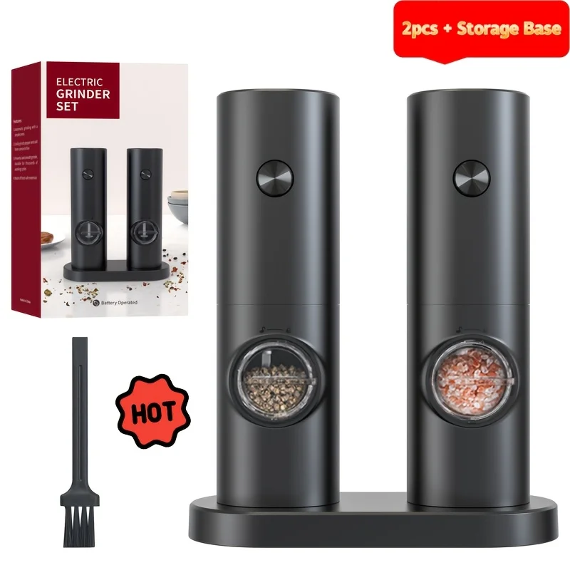 2pc Automatic Electric Pepper Grinder & Salt Mill Set with Base, Adjustable Coarseness, Black (C009)