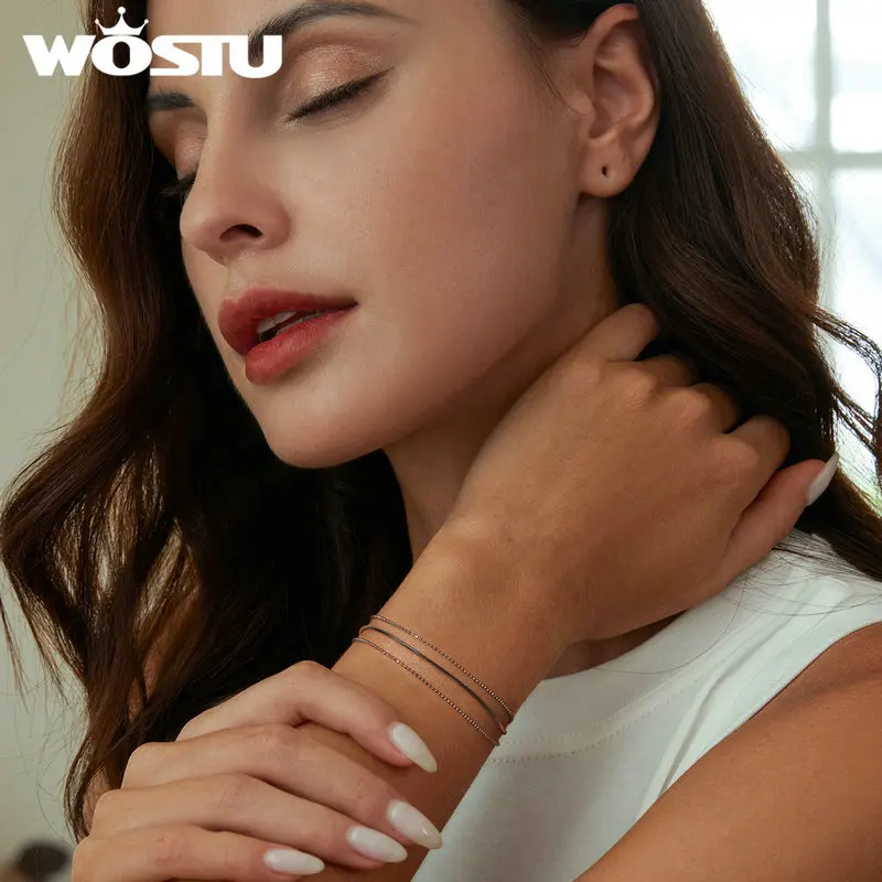 WOSTU 925 Sterling Silver Minimalist Triple-Layered Bracelet For Women Bead Chain Box Links Wedding Jewelry Girl Birthday Gift