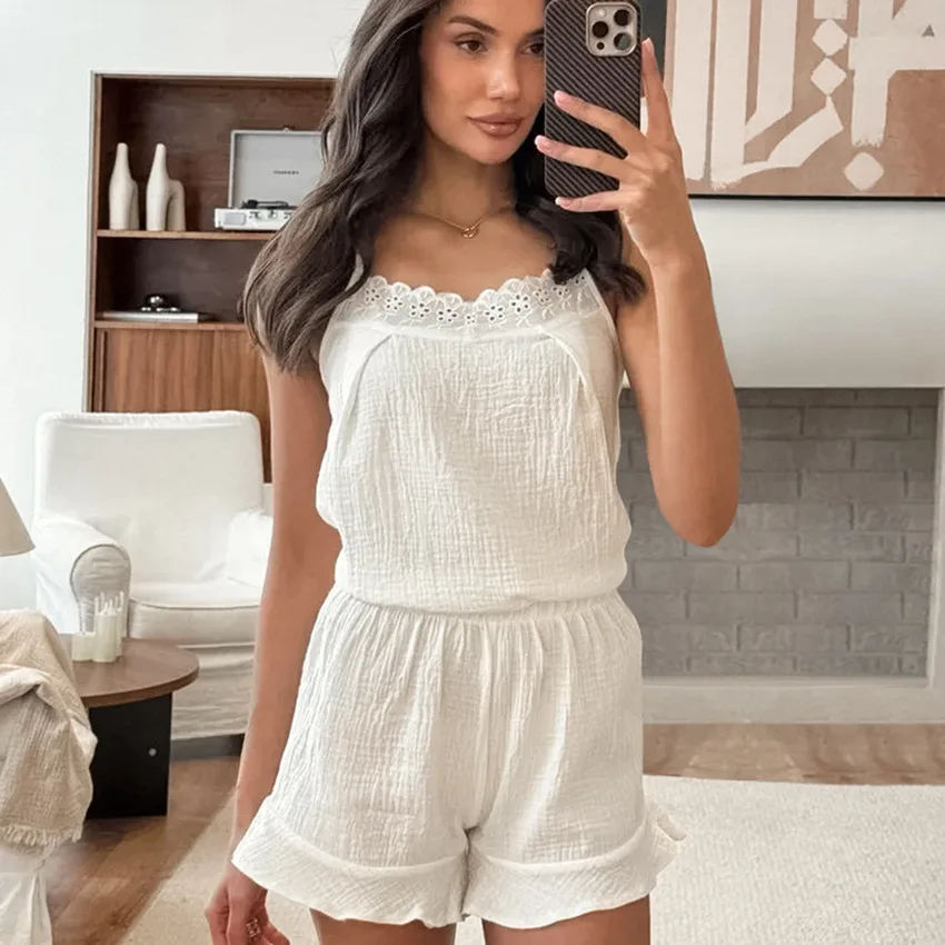 Women's Pajama Set 2025 Cotton Pajamas Lace Suspender Ruffle Shorts 2-piece Set Loungewear Women Sleepwear for Sleeping