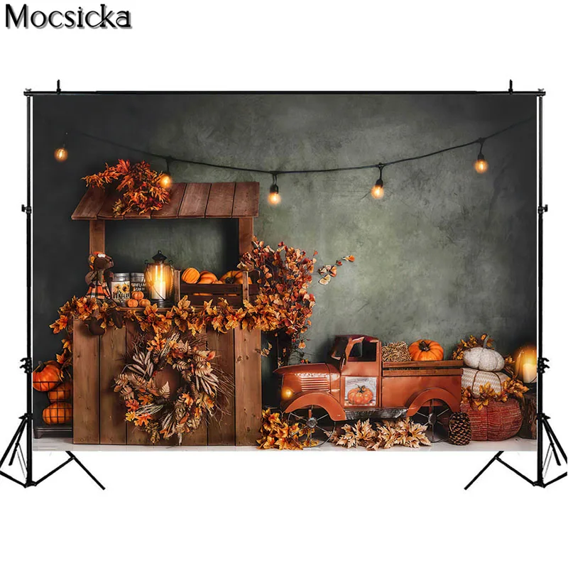 ฤดูใบไม้ร่วง Maple Leaves การถ่ายภาพฉากหลัง Photocall ฟาร์ม Haystack ตกแต่งเด็กภาพพื้นหลัง Photo Studio ฤดูใบไม้ร่วงฟักทอง