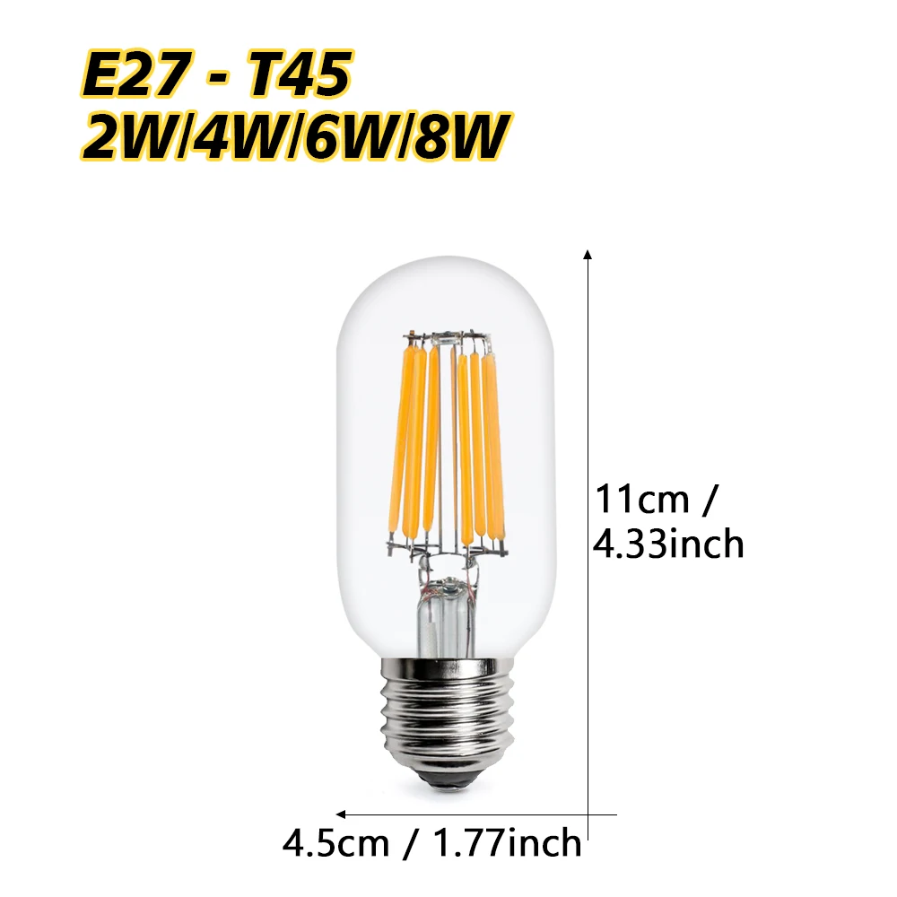 Edison Filament LED Light Bulbs E27 220V 240V 2W 4W 6W T45 Edison LED Lamp Retro Lamp Vintage Glass Bulb Indoor Lighting Decor