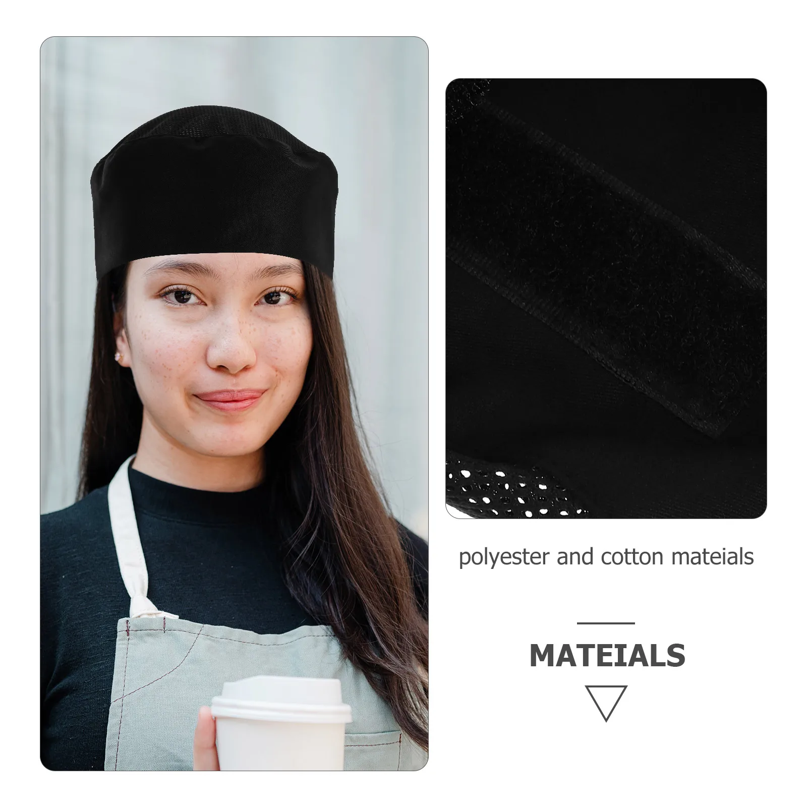 

Black Chef Hat Mesh Top Adjustable Hook Loop Cap for Cooking Baking Catering Schools Professional Chefs Soft Cotton