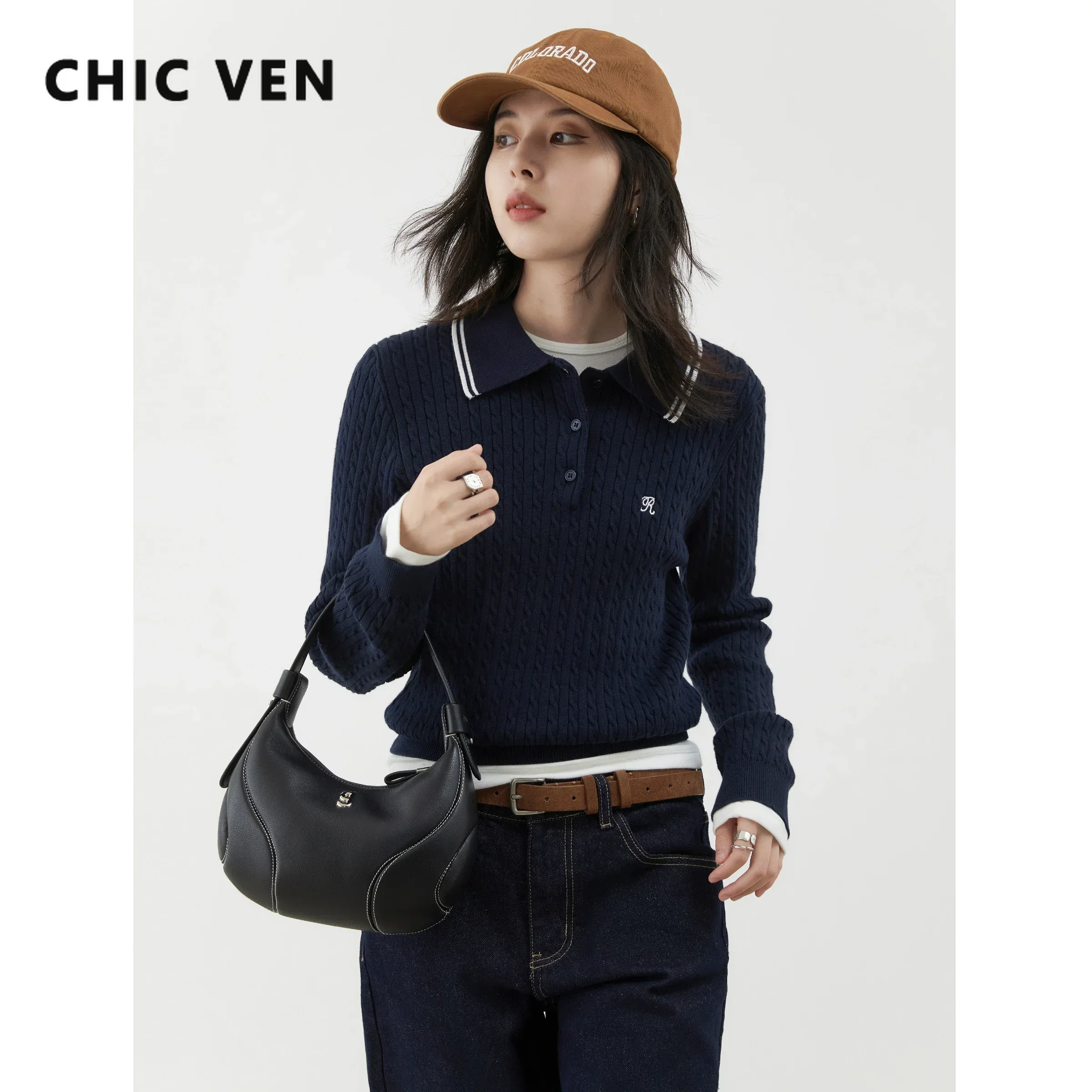 CHIC VEN Women Sweaters Preppy Style Lapel Embroidery Twists Sweater Female Pullover Long Sleeve Jumpers Spring Autumn 2024