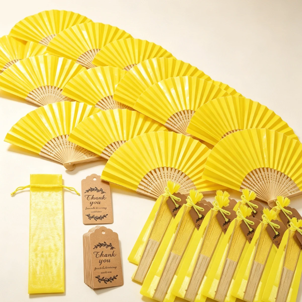 5 Sets Yellow Folding Fan Gift Set with Thank You Tags and Organza Bags, Paper Hand Fans for Tequila Sunrise Sunset Themed ZSY