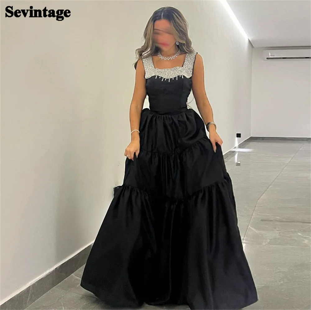 

Sevintage Elegant Black Arabia Prom Dresses A-Line Spaghetti Strap Sequined Tiered Floor Length Party Gown vestido de graduación