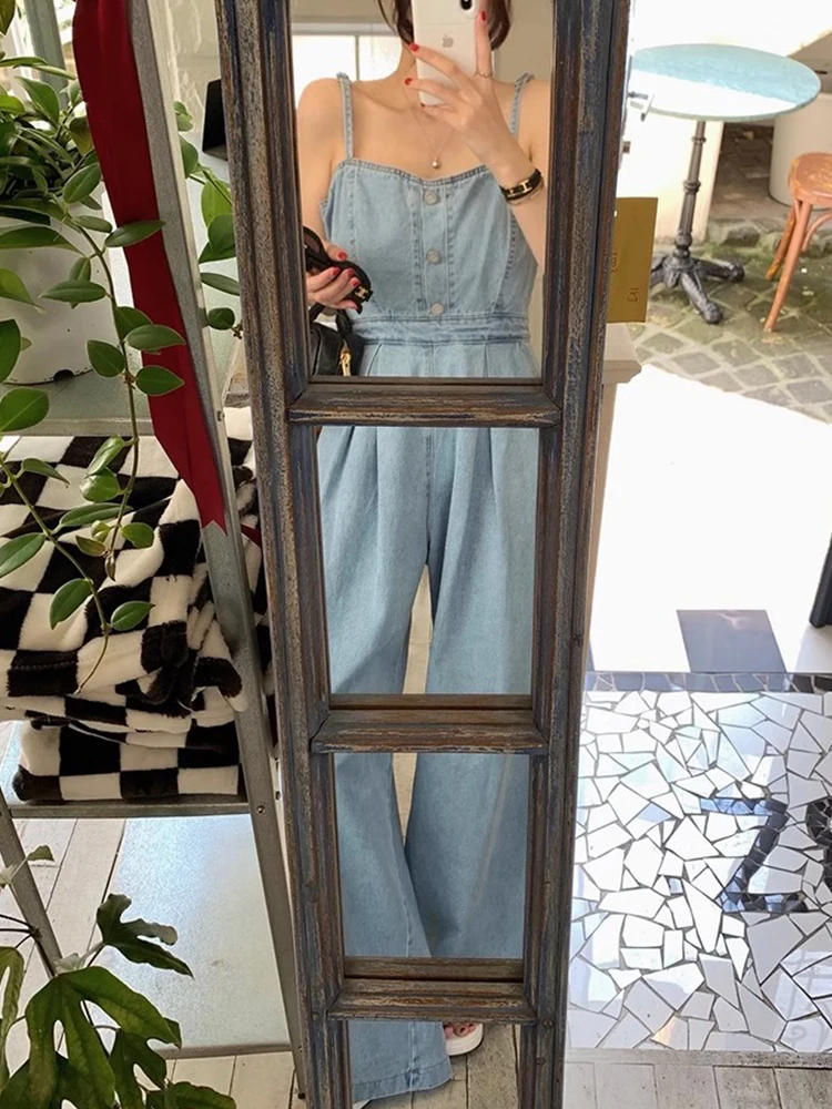 Retro Spaghetti Straps Wrapped Chest High Waist Denim Jumpsuit 2023 Summer Casual Strap Wide Leg Pants Rompers Women Jumpsuits