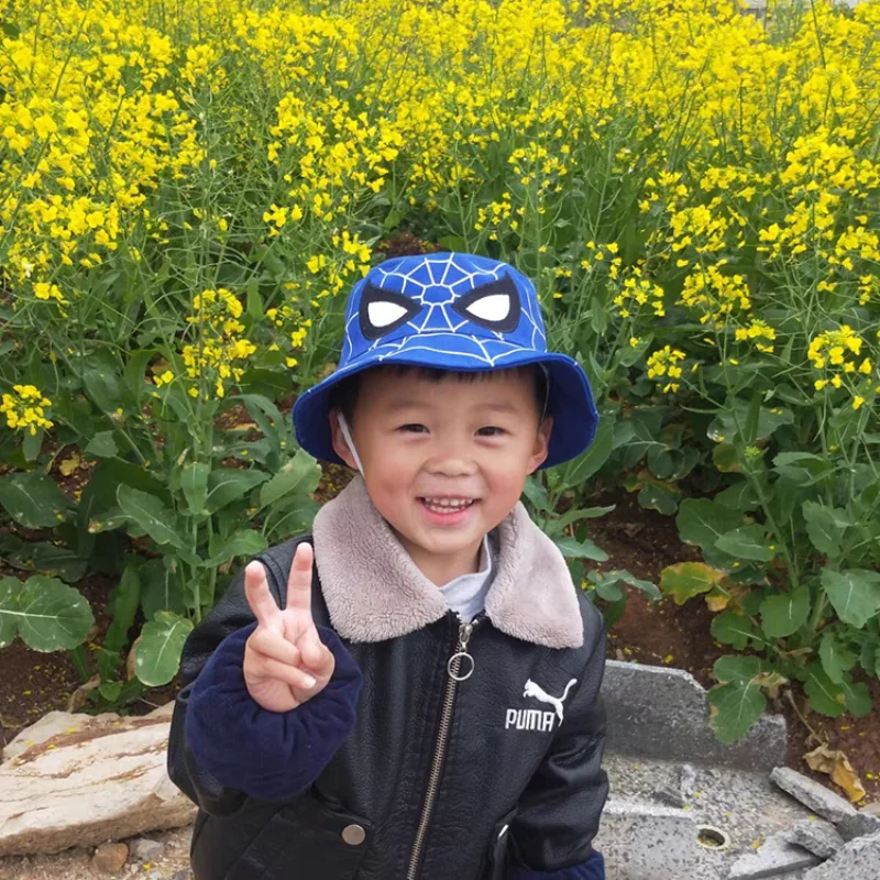 Disney Cartoon Spider Man Cosplay Hut Jungen und Mädchen Eimer Hut Sonnenschutz Fischer Hut rot blau Kinder Baumwolle Sonnenhut 3-8Y