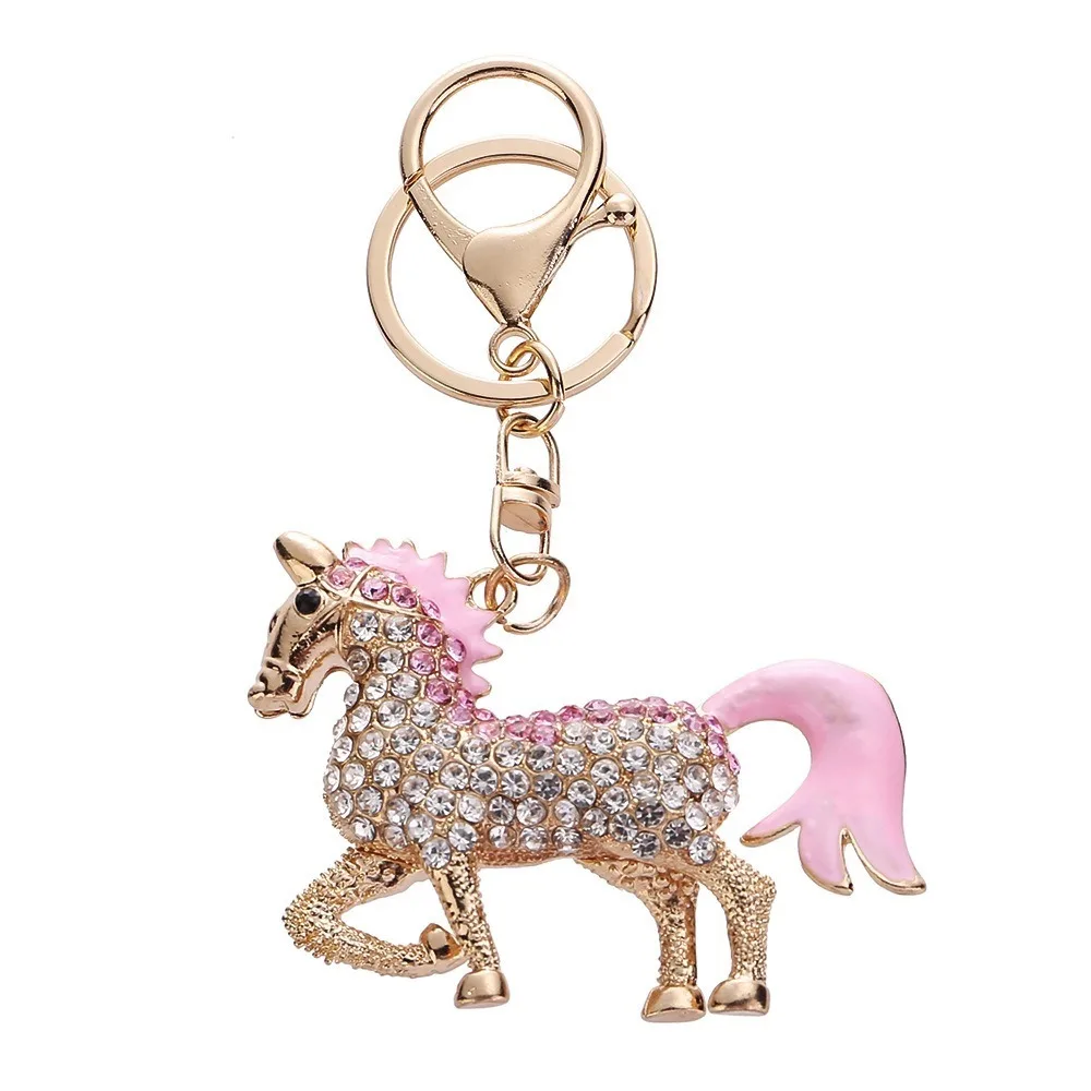 Decorative Metal Horse KeyChain Sparkling Rhinestones Colorful Horse Pendant Keychain Horse Mascot Animal Key Ring New Year Gift