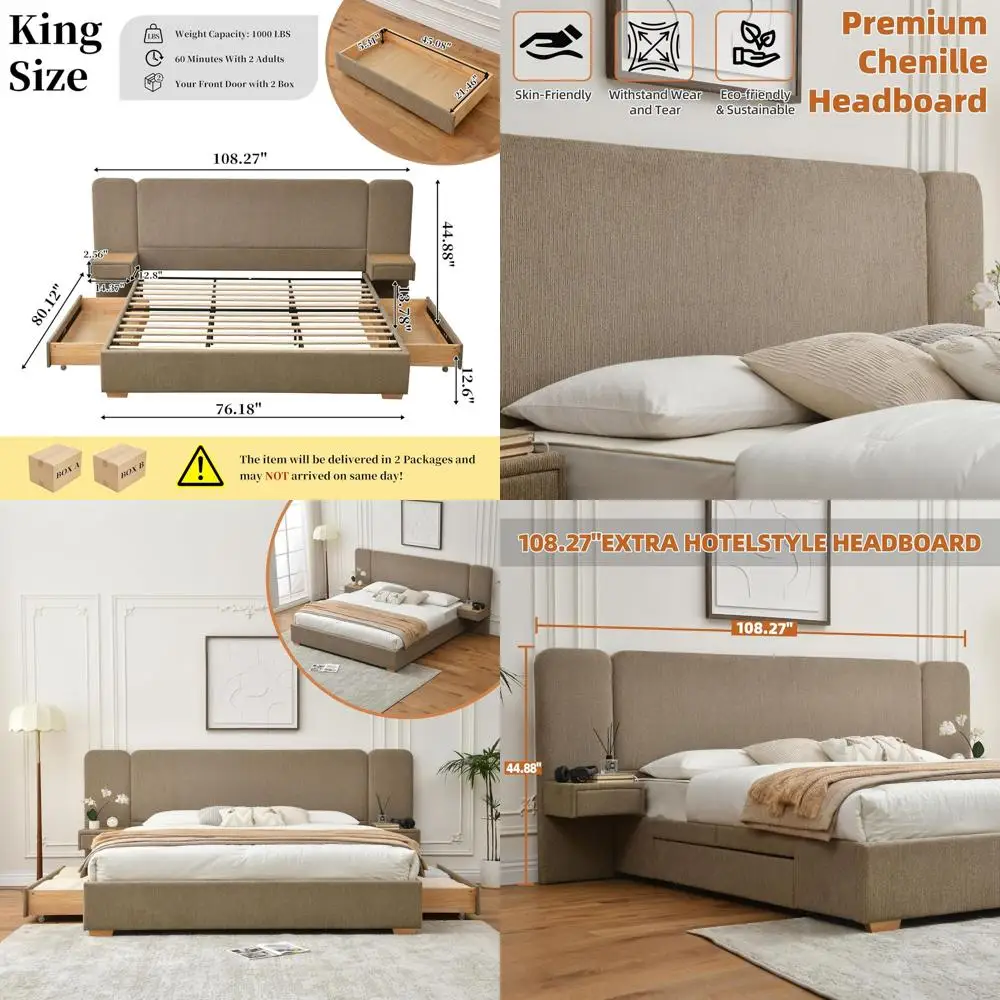 

Коричневая кровать-платформа размера King Size с 2 прикроватными тумбочками, ящиками для хранения, изголовьем из шенилла, простая сборка, не требует пружинного блока.