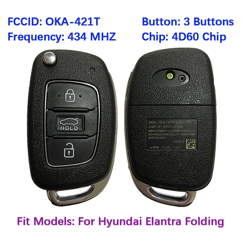 

Оригинальный 3-кнопочный смарт-ключ дистанционного управления CN020056, чип 4D60, 434 МГц, бесключевой доступ, для Hyundai Elantra Mistra 2013-2017, одобрено FCC OKA-421T