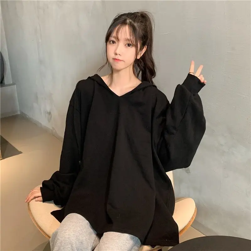 V-neck Hoodies Women Pure Color Simple Baggy Design Korean Style Casual Sporty All-match Students Popular Spring Campus Daily