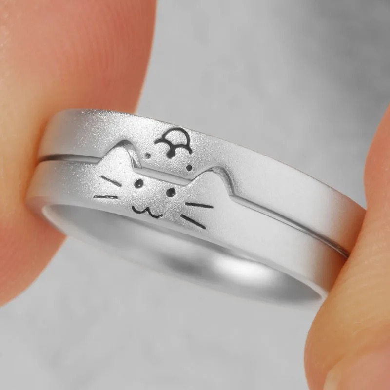 Handcrafted puppy kitten Cute Cat & Dog S925 Sterling Silver Men's & Women's Couple Rings Engraved Wedding Engagement Gift