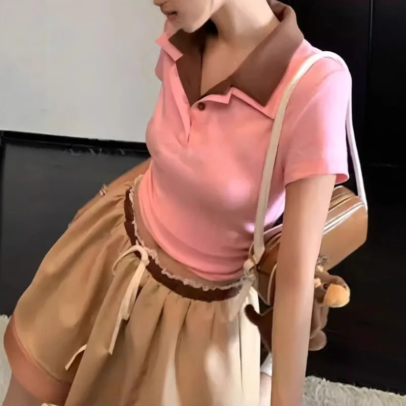 Retro Summer Fashion Pink Collar Short Sleeve Top Casual Khaki Contrast Half Length Skirt Korean Y2k Harajuku 2-piece Set 투피스