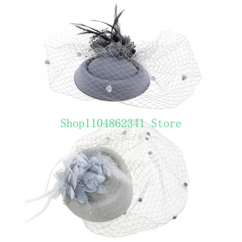 652F Womens Fascinator Hat Mesh Veils Flower Furry Pearls Beaded Cap Hair Clip Wedding Bridals Headwear