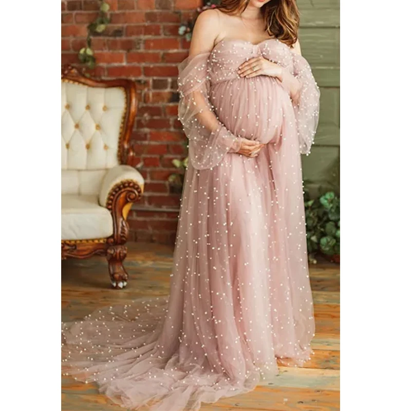 Parel tule zwangerschapsjurk voor fotoshoot lange gezwollen mouw off-shoulder babyshower bruids zwangerschapsjurken