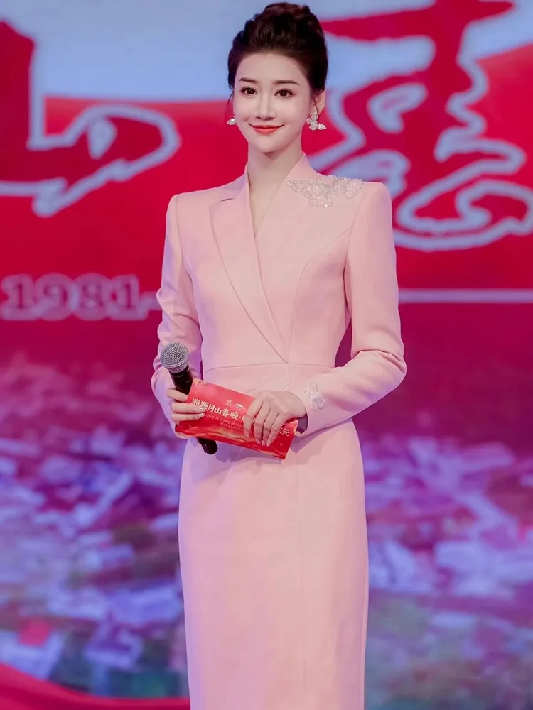 

Женское вечернее платье Ele Busin Dr Performance Speech Dr, с глубоким V-образным вырезом, средней длины, с длинными рукавами, со средней талией