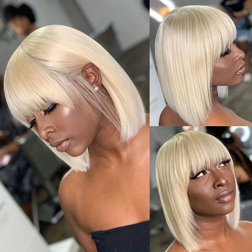 613 Blonde Human Hair Bob Wig with Bangs Straight Human Hair Wigs with Fringe Brazilian Full Machine Made Bob Human hair Wigs