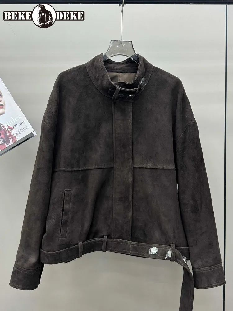 المرأة الخريف Vintage سترة جلدية حقيقية الوقوف طوق فضفاضة تناسب عالية الجودة جلد الغنم الحقيقي معطف من جلد الغزال الشارع الشهير ملابس خارجية