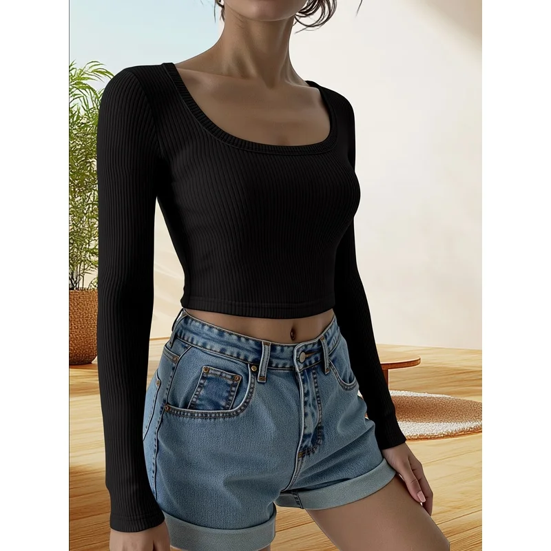 Women'S Pit Strip Large U-Neck Short Waist-Exposing Long-Sleeved Top, Slim And, Hot Style, Solid Color Base T-Shirt