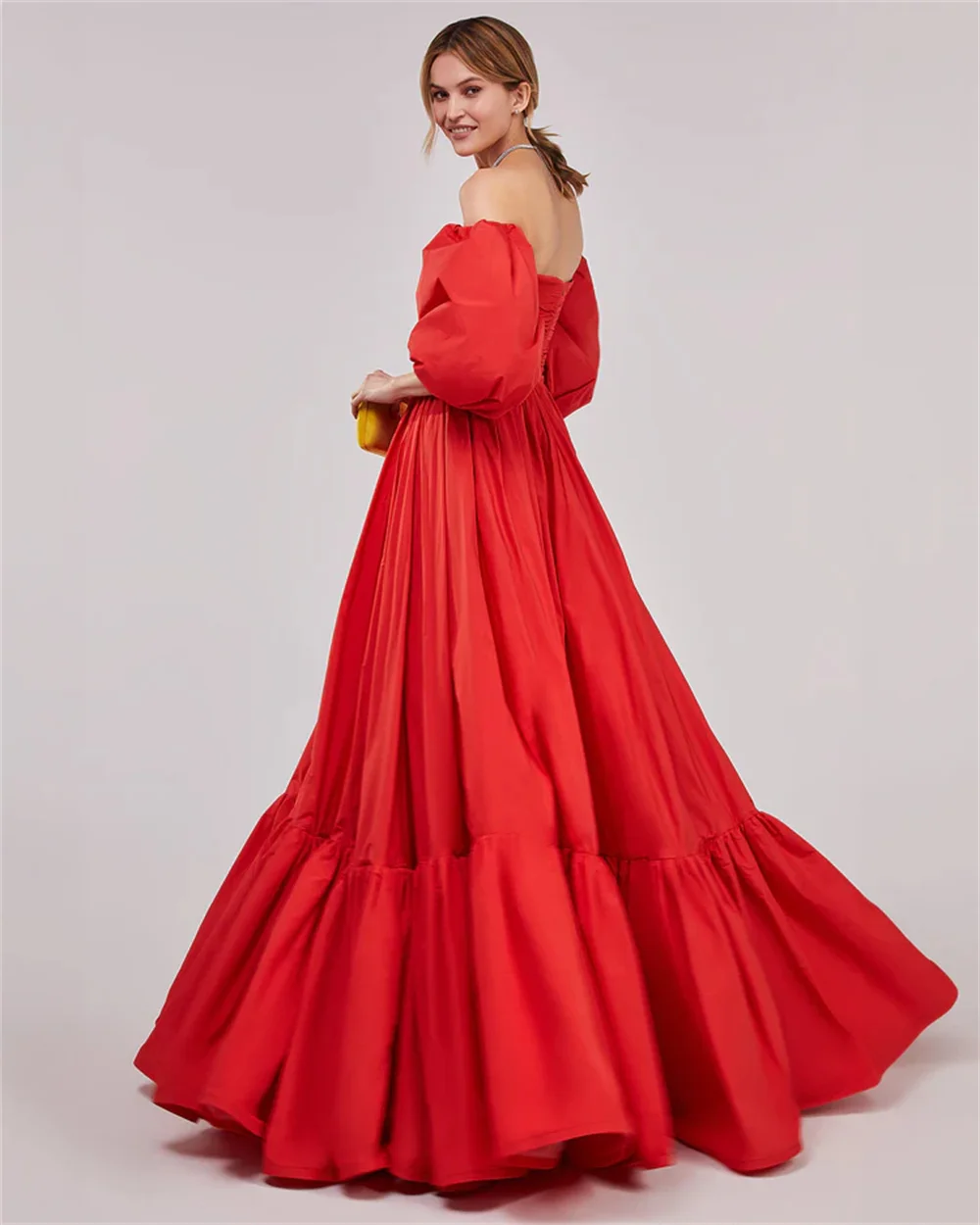 Cathy Red Off the Shoulder Prom Dresses A-line Puffy Sleeves فساتين السهرة Elegant Floor-length Taffeta Vestidos De Noche 2024