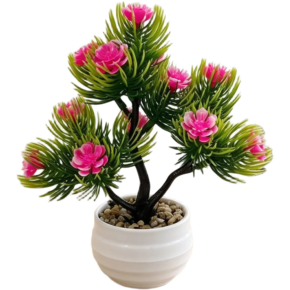 16cm Artificial Pine Bonsai with Purple Bloom Highlights and Classic Shaping for Contemporary For Home Office Aesthetic