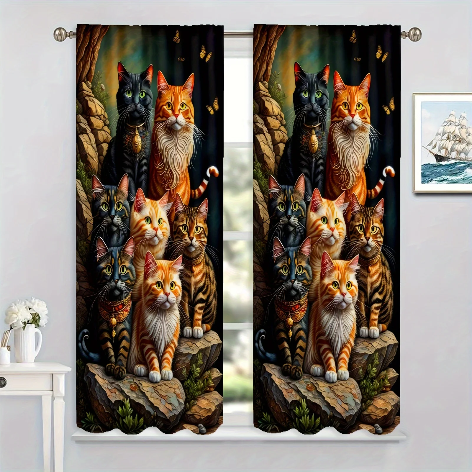 2PCS Window Curtains Cute Animal Cat Print Curtains Can Be Customized Curtains For Living Room Kitchen And Bedroom