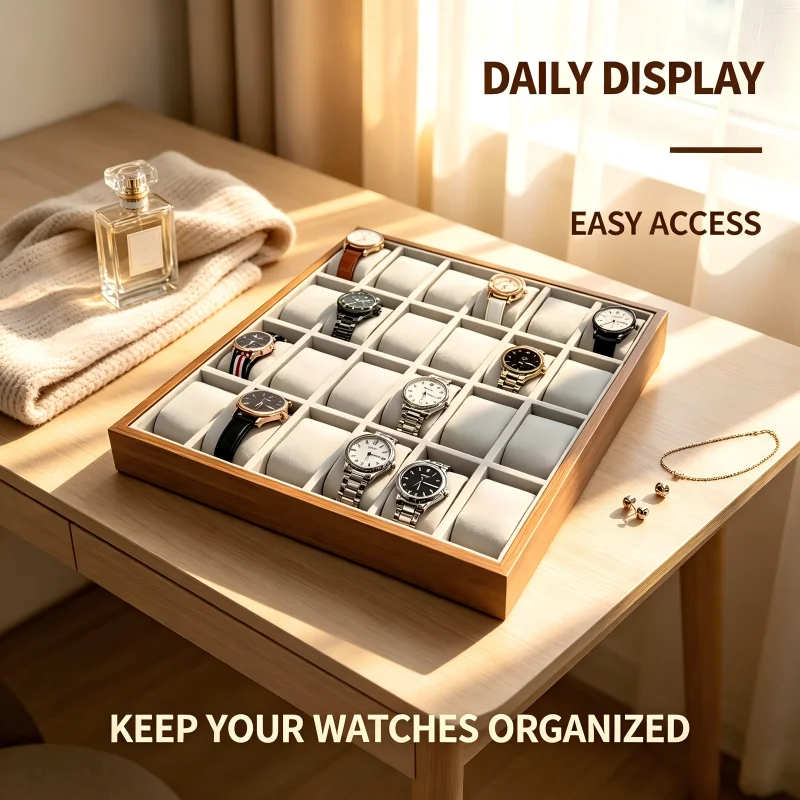 12/24 Slots Walnut Grain Wood Watch Storage Display Box Wristwatch Organizer Display Tray Watches Holder with Pillows Gift Cases