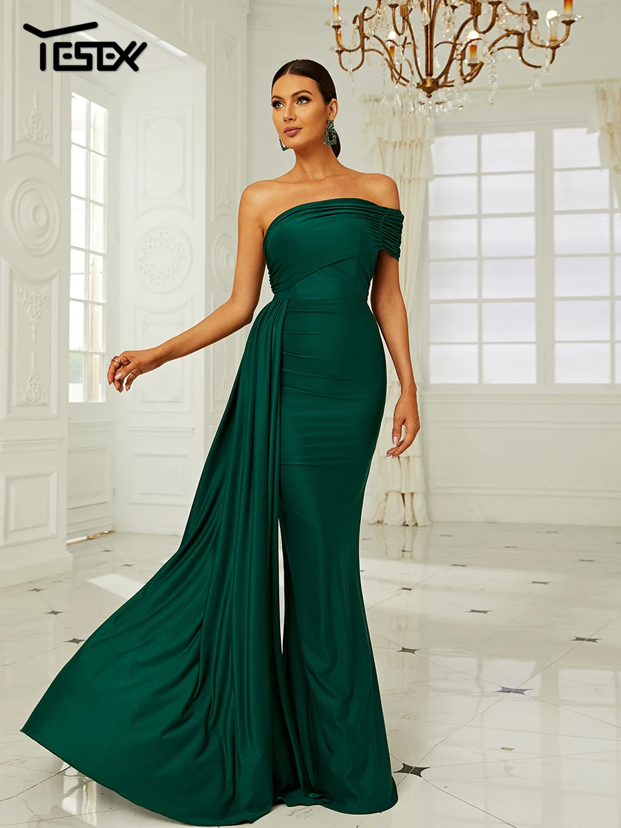 Yesexy One Shoulder Open Back Sexy Satin Maxi Dress Women's Evening Dress Maxi Dress with Ribbon Royal Green Draped Maxi Dress