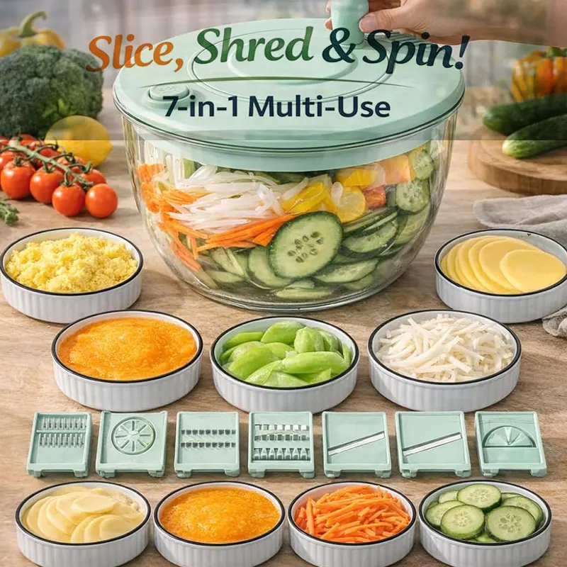 7‑Piece Multifunction Salad Spinner Set Vegetable Washer Salad Chopper Slicer Shredder Grater Salad Bowl with Lid Kitchen Gadget