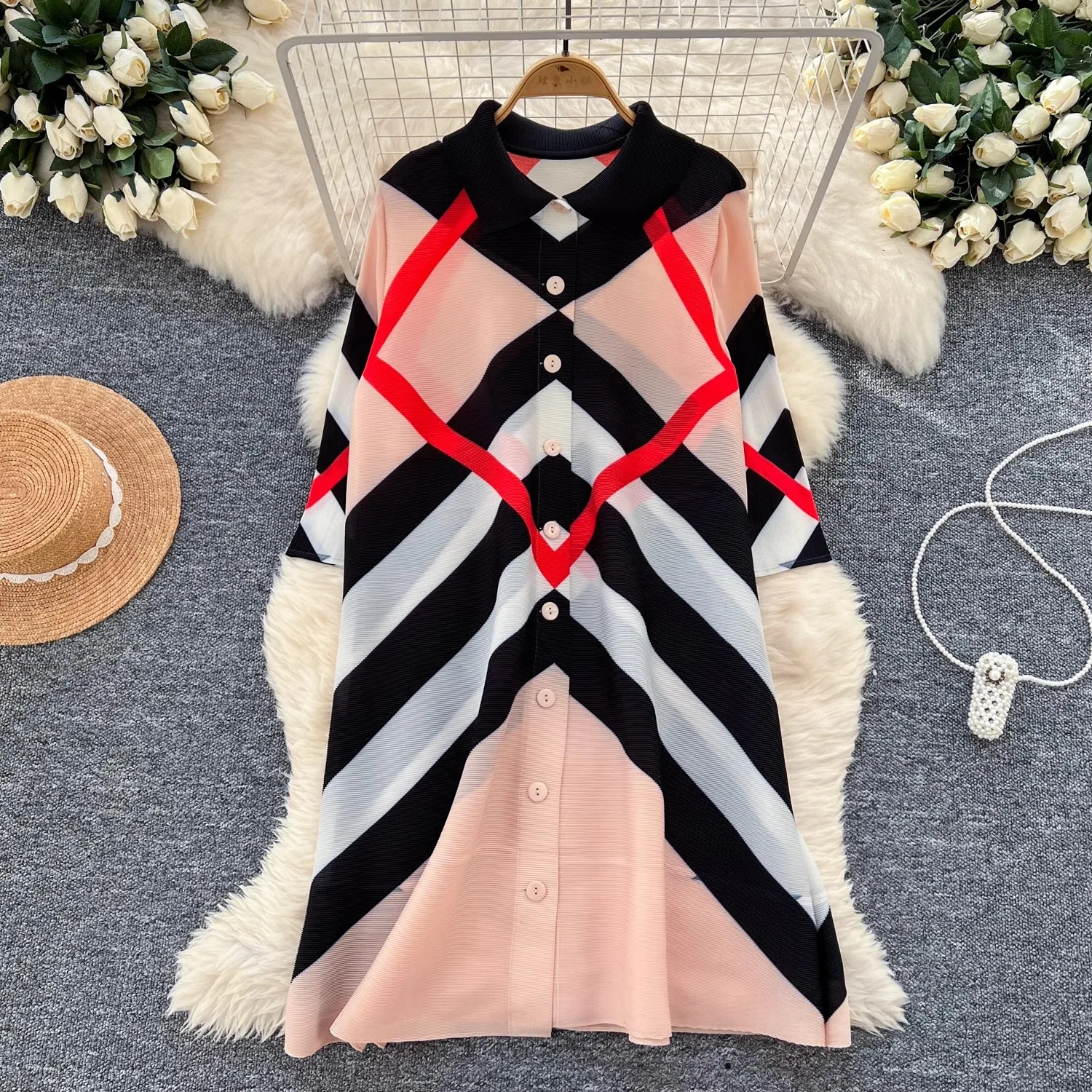 

Miyake Stripe Print Pleated Shirt Dress For Women Turn Down Neck High Stretch Oversize Midi Party Vestidos Female Clothing