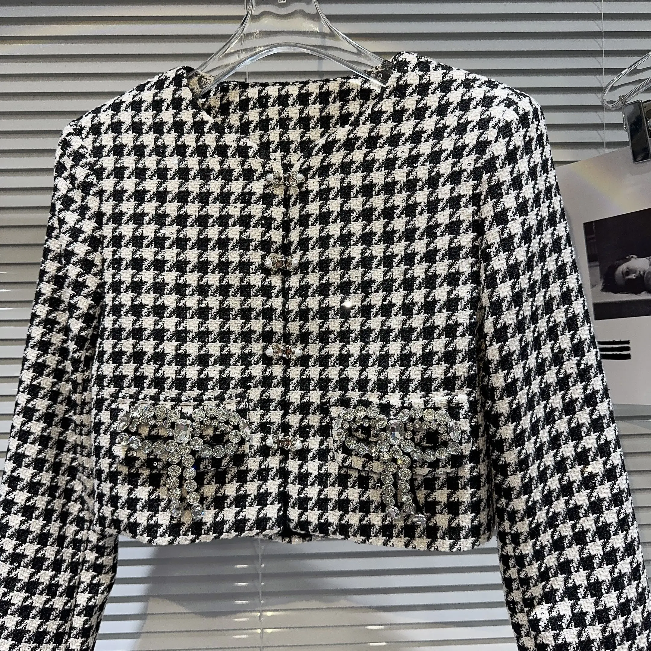 2023 Autumn Winter New Ostrich Feather Rhinestone Bow Houndstooth Tweed Coat for Women Coats Woolen Jacket Outerwear Female