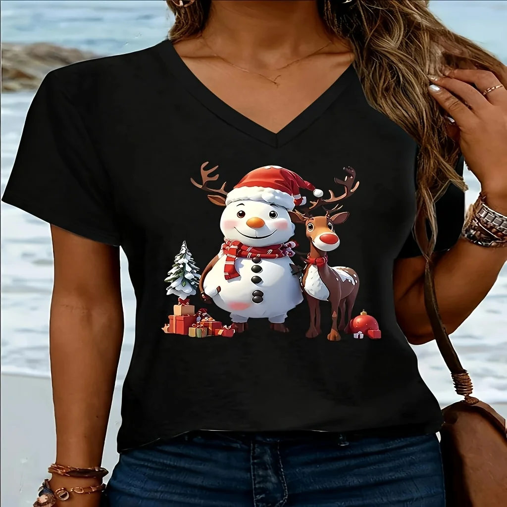 

New Cute Christmas Snowman Printed Women's T Shirt Cartoon Casual V-Neck Short Sleeve Top Fashion Breathable Y2k Female Clothing