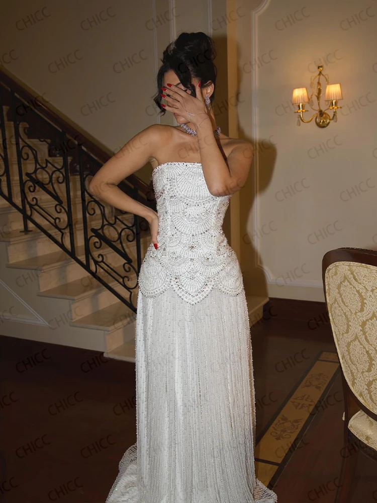 Weiße Luxus-Abendkleider, trägerlos, ärmellos, A-Linie, Ballkleid, Hochzeit, Empfang, Abschlussfeier, maßgeschneidert