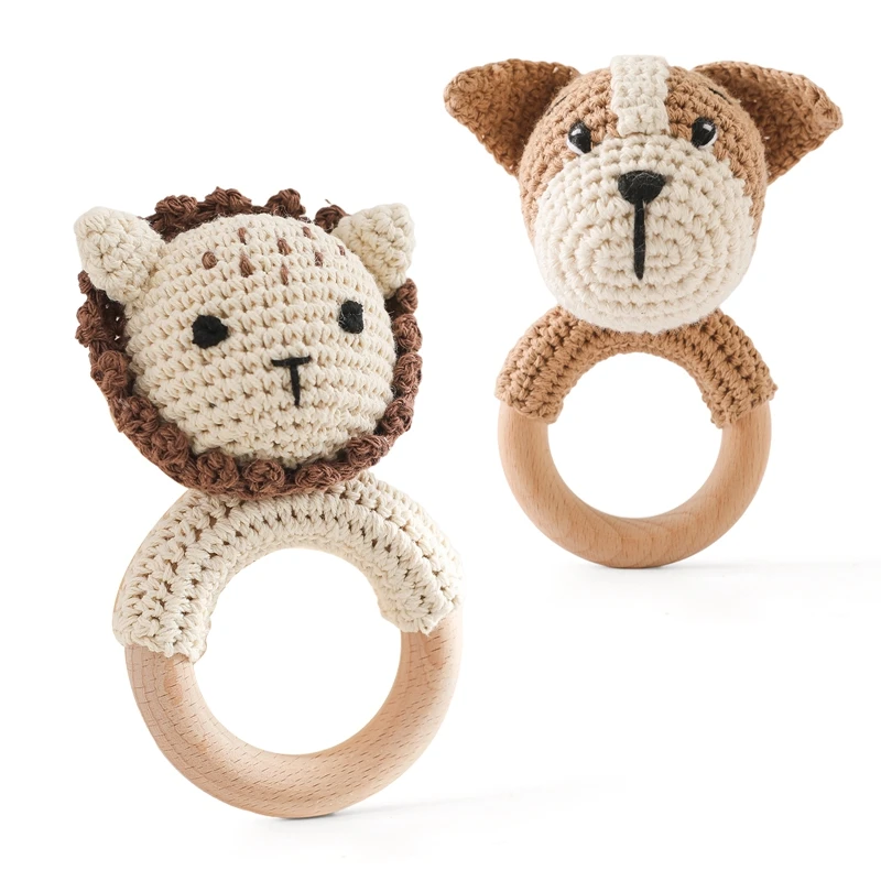 Baby Music sonaglio massaggiagengive giocattoli neonato Crochet Lion Dog anello in legno braccialetto sonaglio succhietto giocattoli massaggiagengive giocattoli fatti a mano per bambini